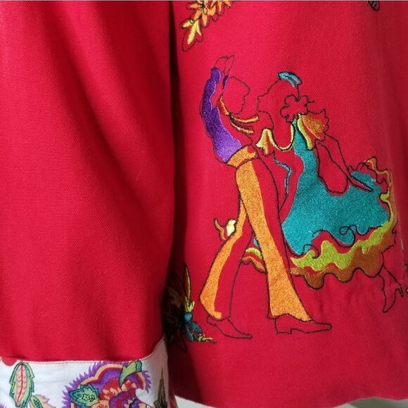 RUBY Rd. Womens Red Cotton Button Front Floral Lined Embroidered Collar Blazer - Picture 9 of 15